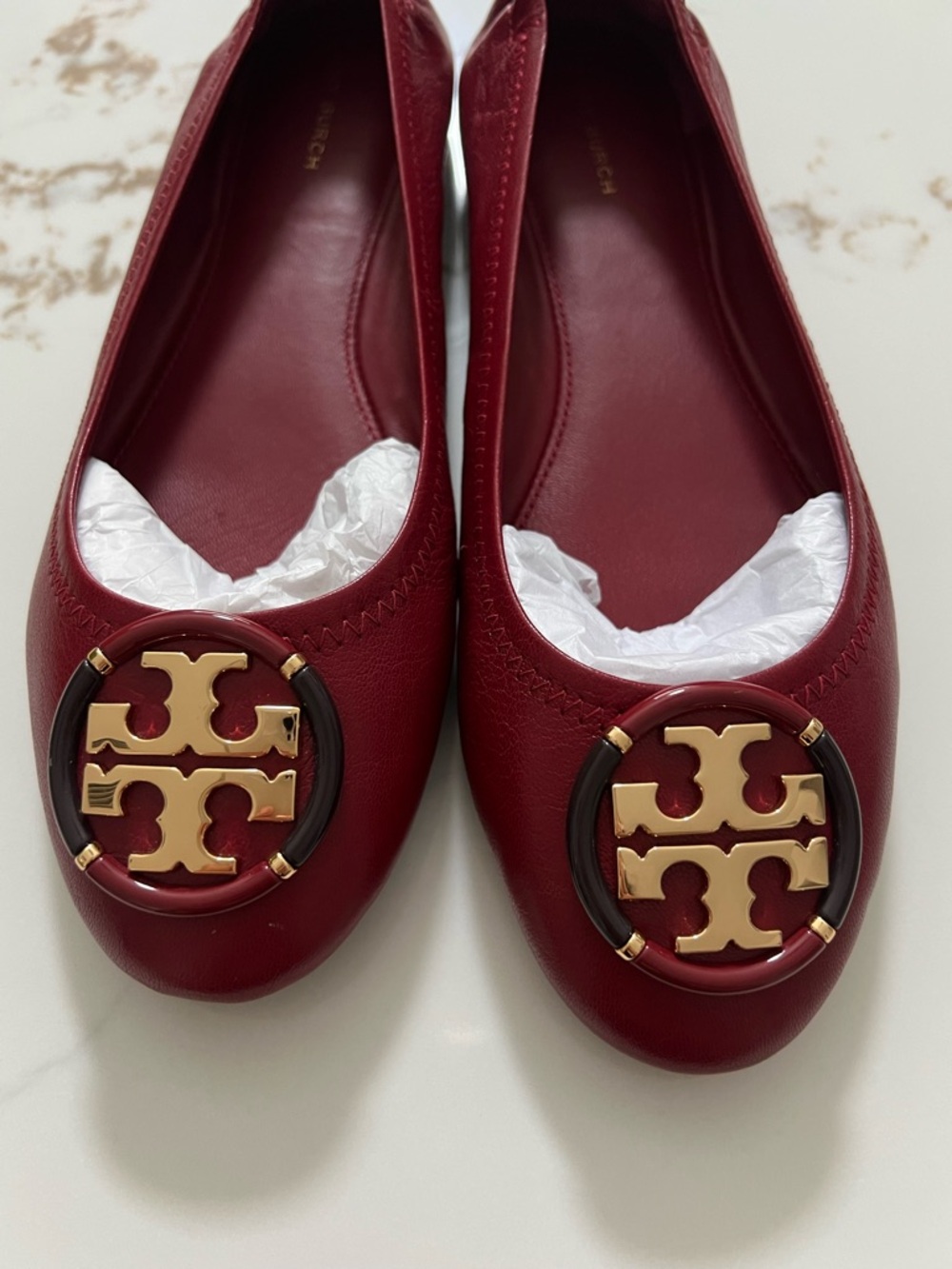 Tory Burch Burgundy Leather Logo Ballet Flats - Picture 2 of 5